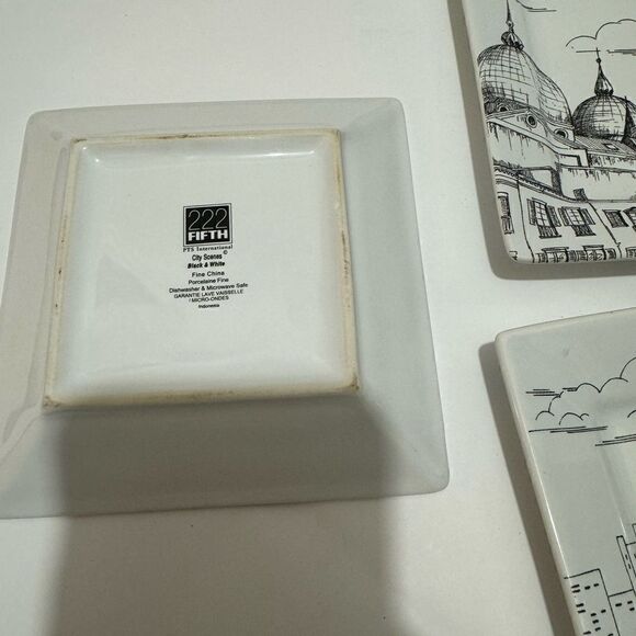 PLATES-BLACK WHITE CITY SCENE-SQUARE-1 LARGE 3 SMALL-222 FIFTH-MATCHING SET - Picture 5 of 8